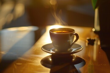 Poster - A steaming cup of coffee sits atop a rustic wooden table, perfect for a cozy morning or afternoon pick-me-up