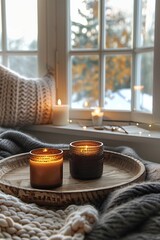 Wall Mural - Two Burning Candles on Wooden Tray Near Window With Cozy Blanket