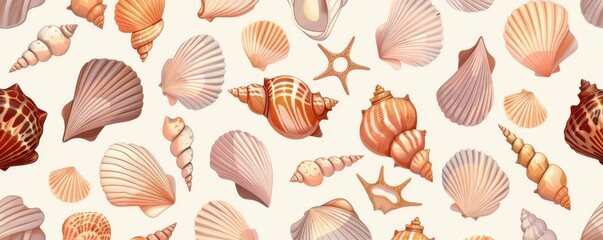 Wall Mural - A pattern of seashells and starfish on a white background. Vector illustration.