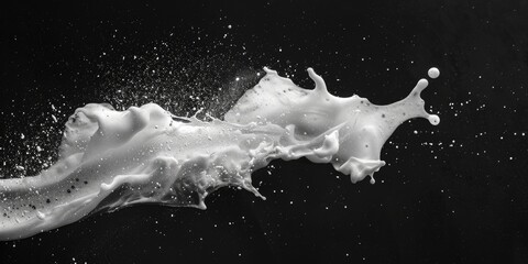 Poster - A close-up view of a splash of milk on a dark background, perfect for use in illustrations or as a symbol of purity