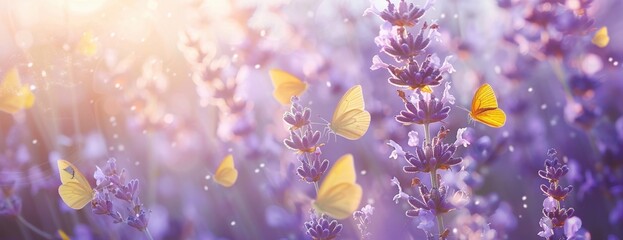 Wall Mural - A serene and beautiful background with soft lavender flowers, bathed in the warm glow of sunlight, while delicate yellow butterflies dance amidst them Generative AI