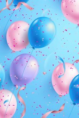 Poster - Colorful balloons and confetti scattered on a bright blue background, great for party or celebration scenes
