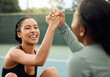 © KayJoint/peopleimages.com - Happy, fitness and friends high five in court or outdoor training in park for workout, exercise or practice. Break, women and people with support or health in celebration of challenge or performance