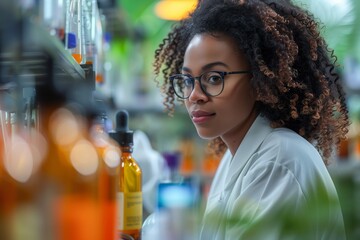 Poster - focused female scientist working in laboratory with glass bottles