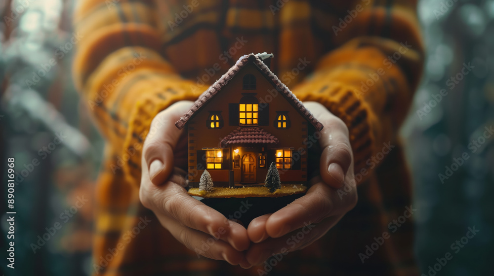 Hands gently cradle a small, cozy house in their palms. A symbol of ...