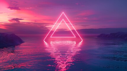 Canvas Print - Neon Triangle at Sunset Over Water