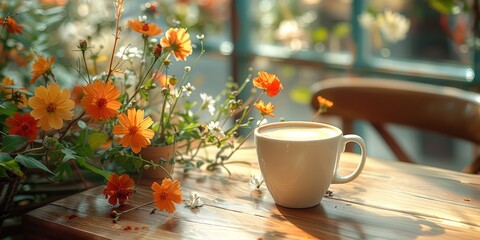 cup with latte and flowers on a table in a cafe, morning light, close-up