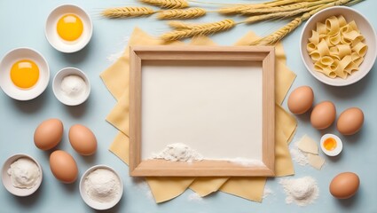 Canvas Print - Making pasta. Ingredients on table, frame shape. Flat lay, top view. Copy space