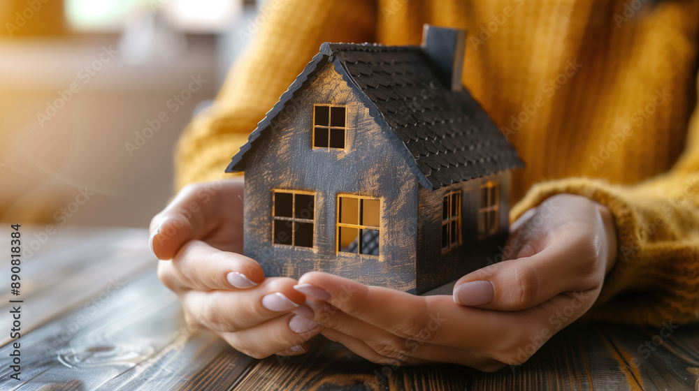 Hands gently cradle a small, cozy house in their palms. A symbol of ...