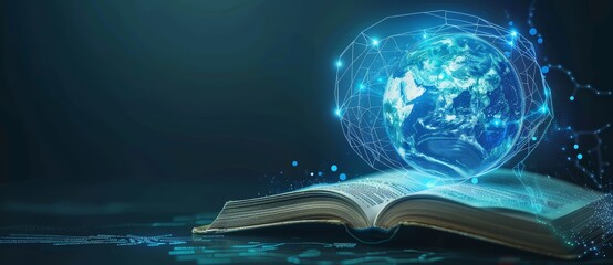 Wall Mural - an open book with a blue glowing earth globe above it symbolizing the power of knowledge and educati