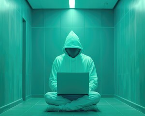 Poster - Digital Underground Secrets, Hooded Figure Engaged in Hacking on Laptop in Dark Room
