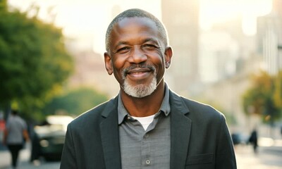 Poster - Mature black man smiling happy face portrait o a street