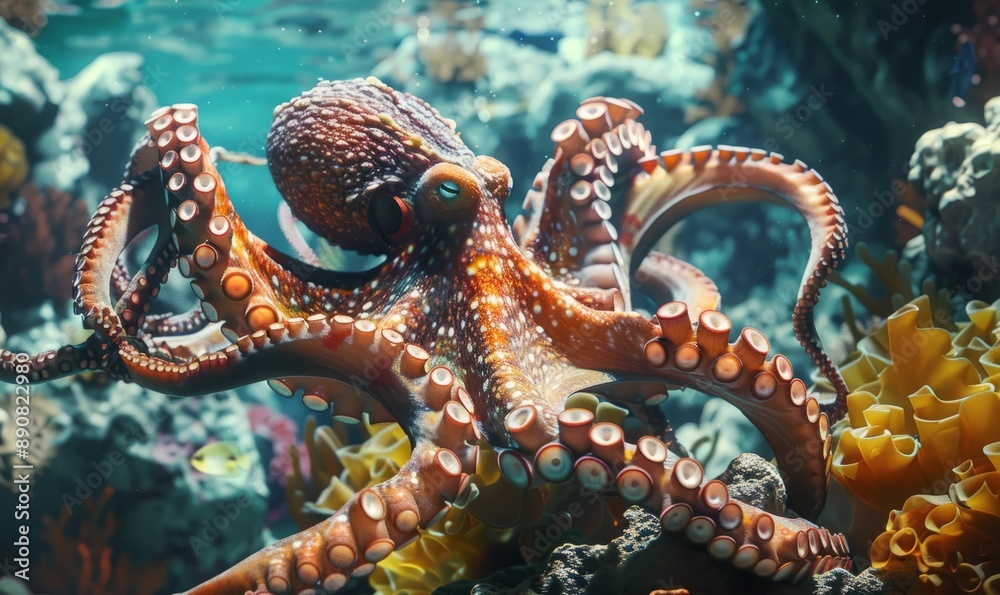 Octopus in a coral reef, tentacles and colorful underwater scene, wild ...