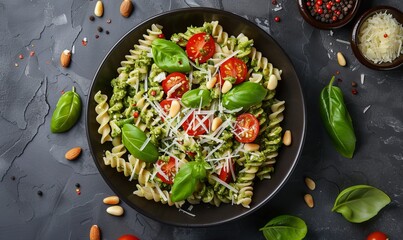 Wall Mural - Pesto pasta salad with cherry tomatoes, pine nuts, and Parmesan cheese