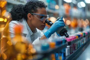 Poster - a female scientist using a microscope in a laboratory setting