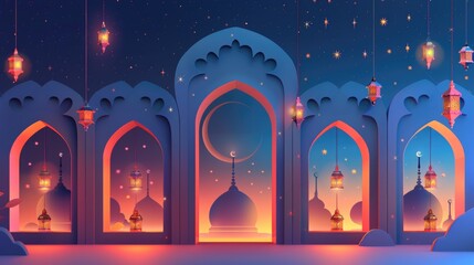 Aufkleber - A group of lanterns hanging from the ceiling of a mosque, with intricate details and soft lighting