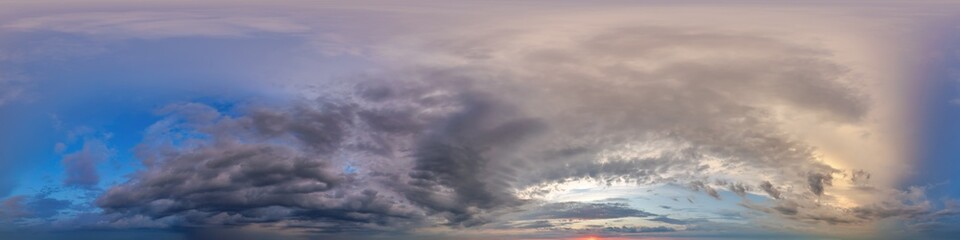 Wall Mural - hdri 360 panorama view of dark pink blue evening storm sky with zenith and awesome clouds after suns