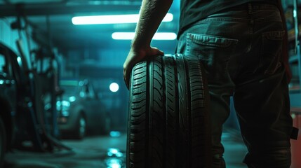 Poster - Man holding a tire in an auto repair shop with blue neon lights
