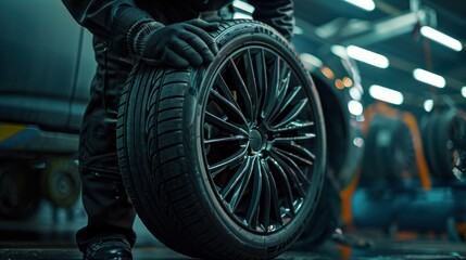 Poster - Automobile technician installing a new tire on a vehicle