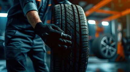 Poster - Mechanic inspecting quality of new tire for safe driving