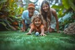 © fotofabrika - Young Girl Playing Miniature Golf With Parents on Green Turf
