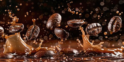 Poster - A group of coffee beans falling into a puddle of water, great for illustrations or designs related to food, beverage, or nature