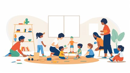 Childcare assistance, volunteers playing with kids, flat design illustration