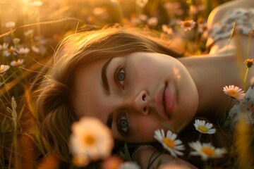 Wall Mural - Girl with a serene expression, lying in a field of wildflowers with the setting sun