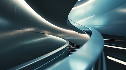 Poster - A spiral staircase in a modern building with a clear blue sky background, perfect for architecture and real estate use