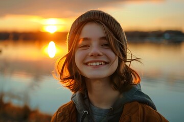 Wall Mural - Teenager with a carefree smile, standing by a lake with the sun setting behind