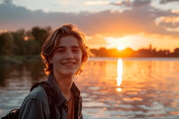 Wall Mural - Teenager with a carefree smile, standing by a lake with the sun setting behind