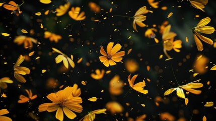 Poster - A close-up view of a bunch of yellow flowers suspended in mid-air, creating a beautiful and whimsical scene