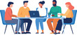 © Mustafa - Illustration of a diverse business team discussing ideas during a meeting at an office table. Colleagues collaborating and working together.