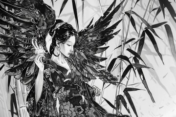 Wall Mural - A black and white illustration of a woman with wings, ideal for use in fantasy or inspirational contexts