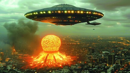 Wall Mural - Enormous UFO Hovering Over City as Massive Alien Structure Erupts in Fiery Explosion, Creating Apocalyptic Scenario