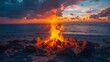 © Muhammad - Festive retirement party invitation featuring an open area beach bonfire with sunset views with a writing space in the center for retirement wishes and celebration details