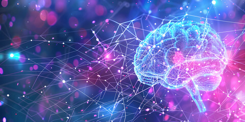 Poster - visualization of artificial intelligence in the form of a brain. abstract background in pink and blue colors