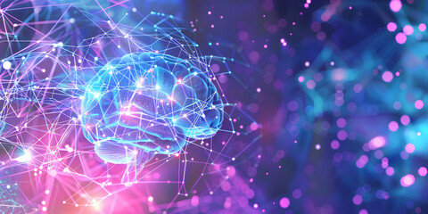 Poster - visualization of artificial intelligence in the form of a brain. abstract background in pink and blue colors