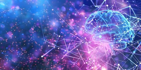 Poster - visualization of artificial intelligence in the form of a brain. abstract background in pink and blue colors