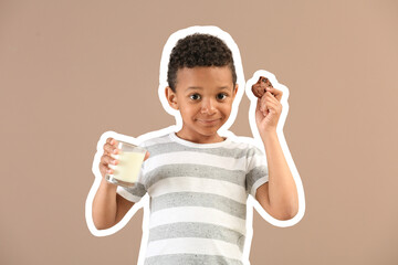 Wall Mural - Cute African-American boy with glass of milk and cookie on color background