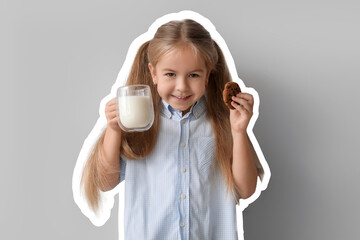 Wall Mural - Cute little girl with glass of tasty milk and cookie on grey background