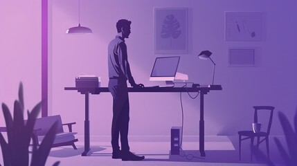 A digital illustration depicting a modern workspace with sleek elements, computer setup, surrounded by purple tones and decor.