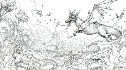  Pencil Drawing of a Flying Dragon Over a Mountainous Landscape
