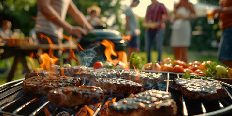 Wall Mural - People gathered around a barbecue grill with cooked steaks, suitable for outdoor gatherings and social events