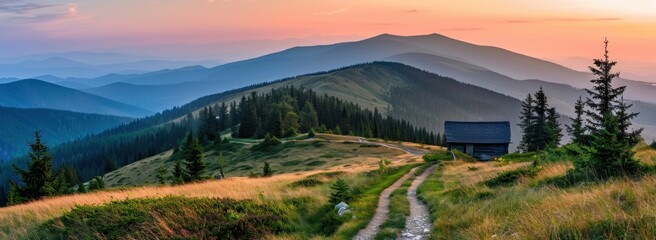 Wall Mural - A panoramic view of the Carpathian Mountains at sunset, with a winding path leading to an old mountain hut surrounded by pine trees and grassy hills Generative AI