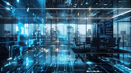 Poster - Modern Office with Technology and Cityscape