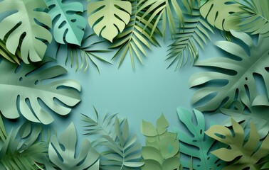 Canvas Print - Paper Tropical Leaf Arrangement on Teal Background