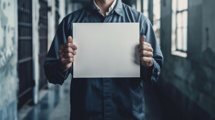 Wall Mural - man inside a prison holding a blank sign