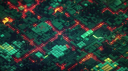Poster - Abstract Close-Up of a Circuit Board With Green and Red Components