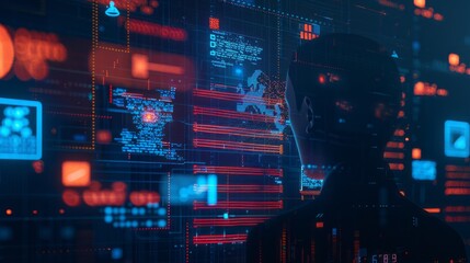 Poster - silhouette of a person working in front of a futuristic digital interface